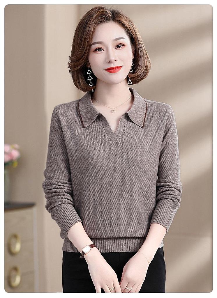 2023 Women's Knit Lapel T-Shirt for Middle-Aged & Elderly - Pure Color Sweater, Ideal for Young Moms, Autumn/Winter Base Layer
