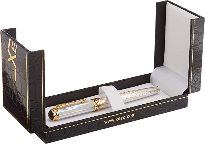 Handcrafted Xezo Maestro Solid 925 Sterling Silver and Pearl Serialized Medium Fountain Pen with Marine Origin White Mother of 18K Gold Inheritance