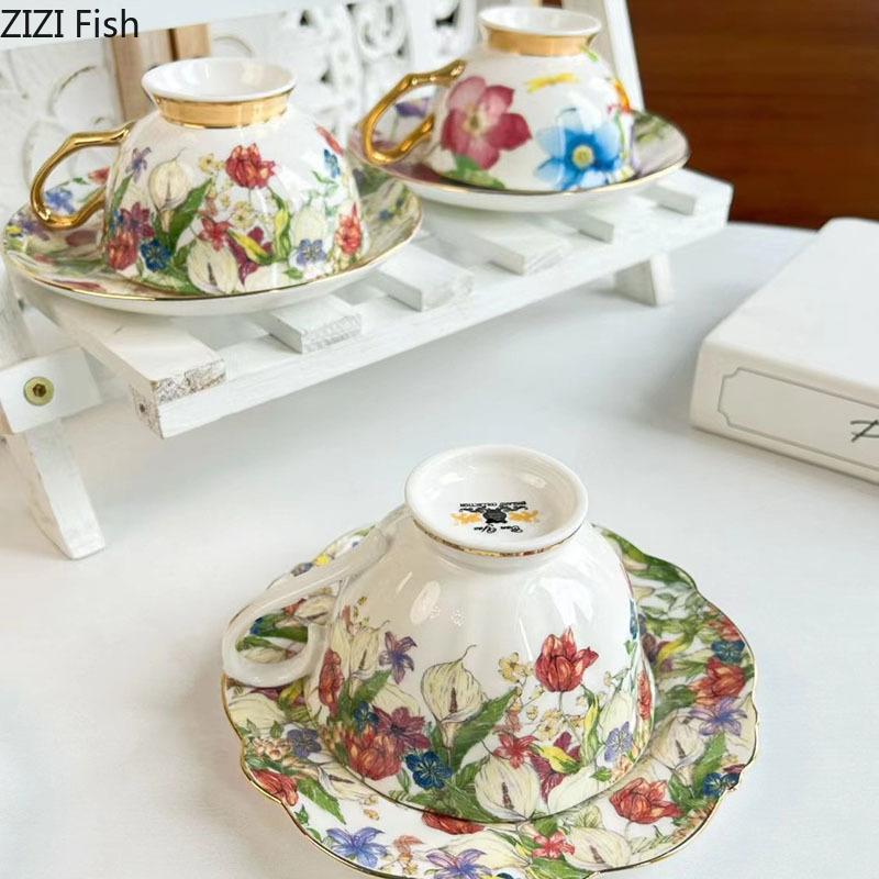 Керамическая чашка и блюдце с узором « Brilliant Flowers » Кофейная кружка с золотым покрытием Обеденный стол Молочные чашки Чашка для послеобеденного чая Стакан для фруктового сока