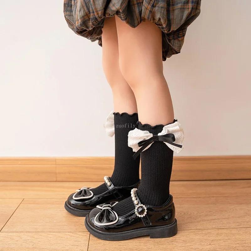 Girl Spring Autumn New Lace Bow Socks Korean Academy Style Student Children Mid Length Socken Baby Princess Kid Cotton Stockings