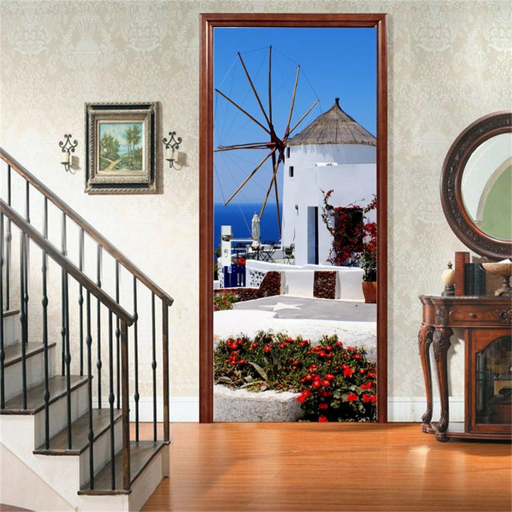 3d дверная наклейка, зеленые пальмовые растения, обои, самоклеящиеся, для входа, для дома, спальни, декоративные винилы, абстрактные линии, пейзажный постер