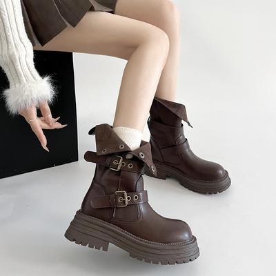 Коричневые ретро ботинки Мартин на толстом каблуке и толстой подошве женские 2025 новые весенне-осенние в британском стиле тонкие и с высоким голенищем полусапоги