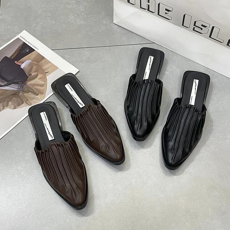 Fashion Baotou Semi-slippers Women's Spring and Summer New Versatile Small Pleated Square Toe Flat Bottom Baotou Slip-on Shoes