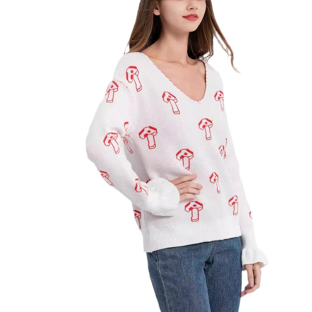 Inner Knitted Soft Gentle Wind Sweater Female V-neck Pullover Mushroom Pattern Small Perfume Loose Tops for Women