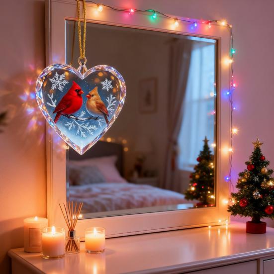 Red Birds Christmas Ornaments Couple Bird Heart Shaped Ornament for Xmas