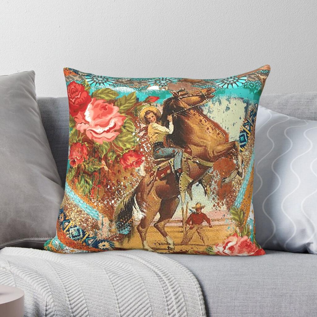 Western Vintage Cowgirl Square Pillowcase Polyester Linen Velvet Creative Zip Decorative Throw Pillow Case Car Cushion Cover