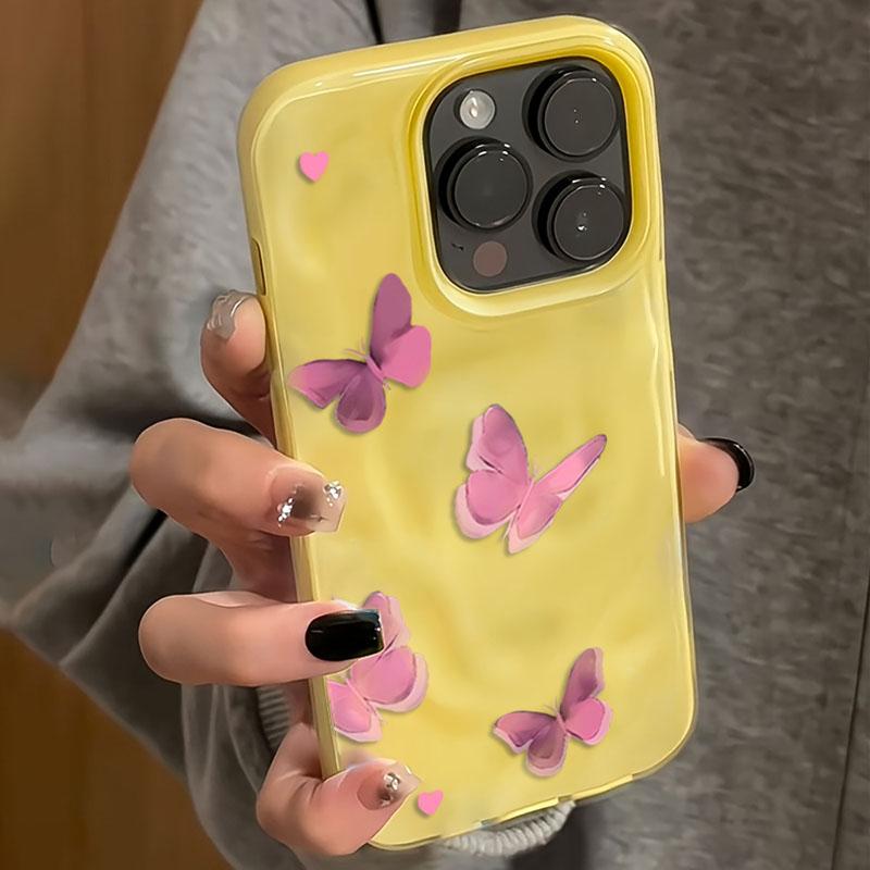 Advanced Pink Butterfly Phone Case for iPhone 17 16 15 14 13 11 12 Pro Max Plus 17 Air Folds Texture Shockproof Soft Cover
