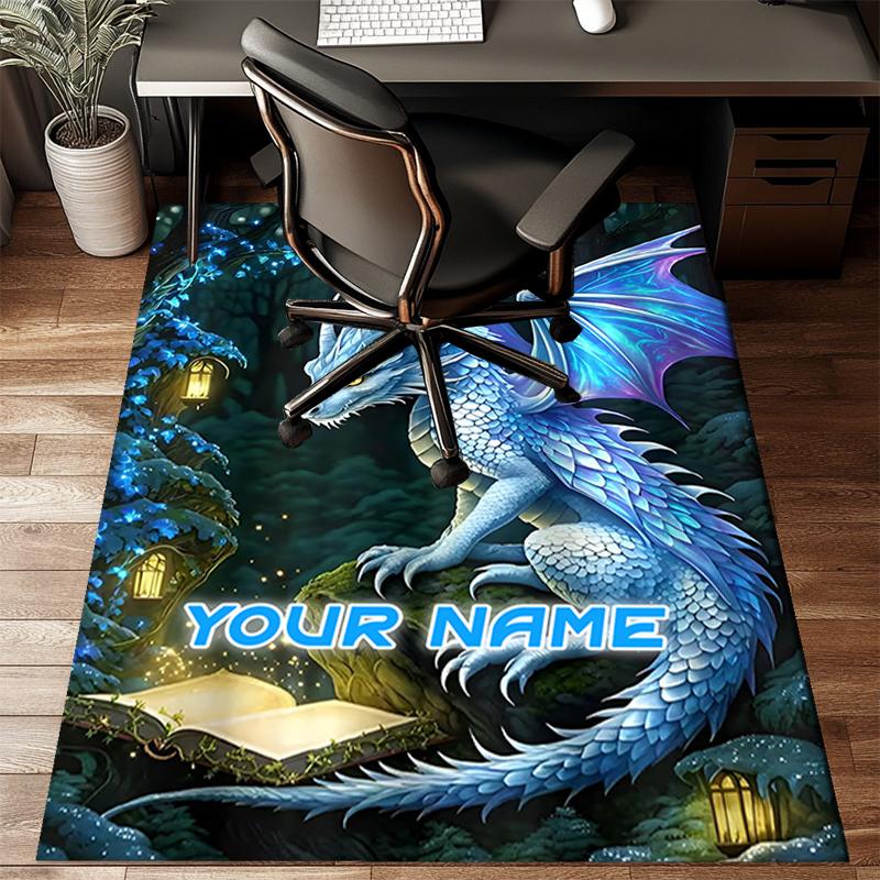 1PC Custom Name Blue Dragon Fantasy Forest Theme Floor Mat Ideal for Living Room, Game Rooms, Office, Bedroom,Floor Mat Playful Design