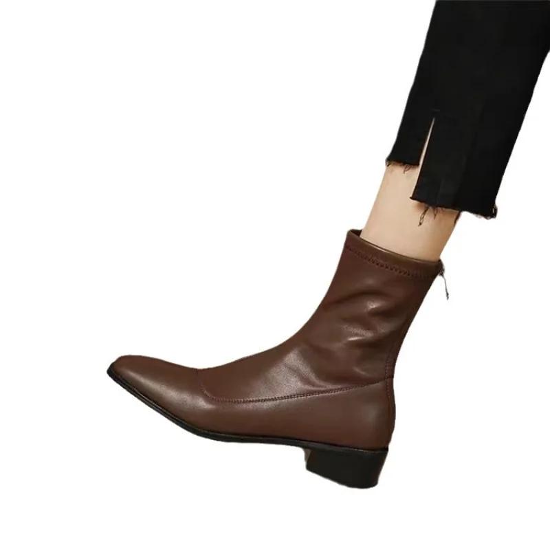 Весна и осень Новые короткие женские сапоги на низком толстом каблуке с квадратной головкой, эластичные тонкие одинарные сапоги