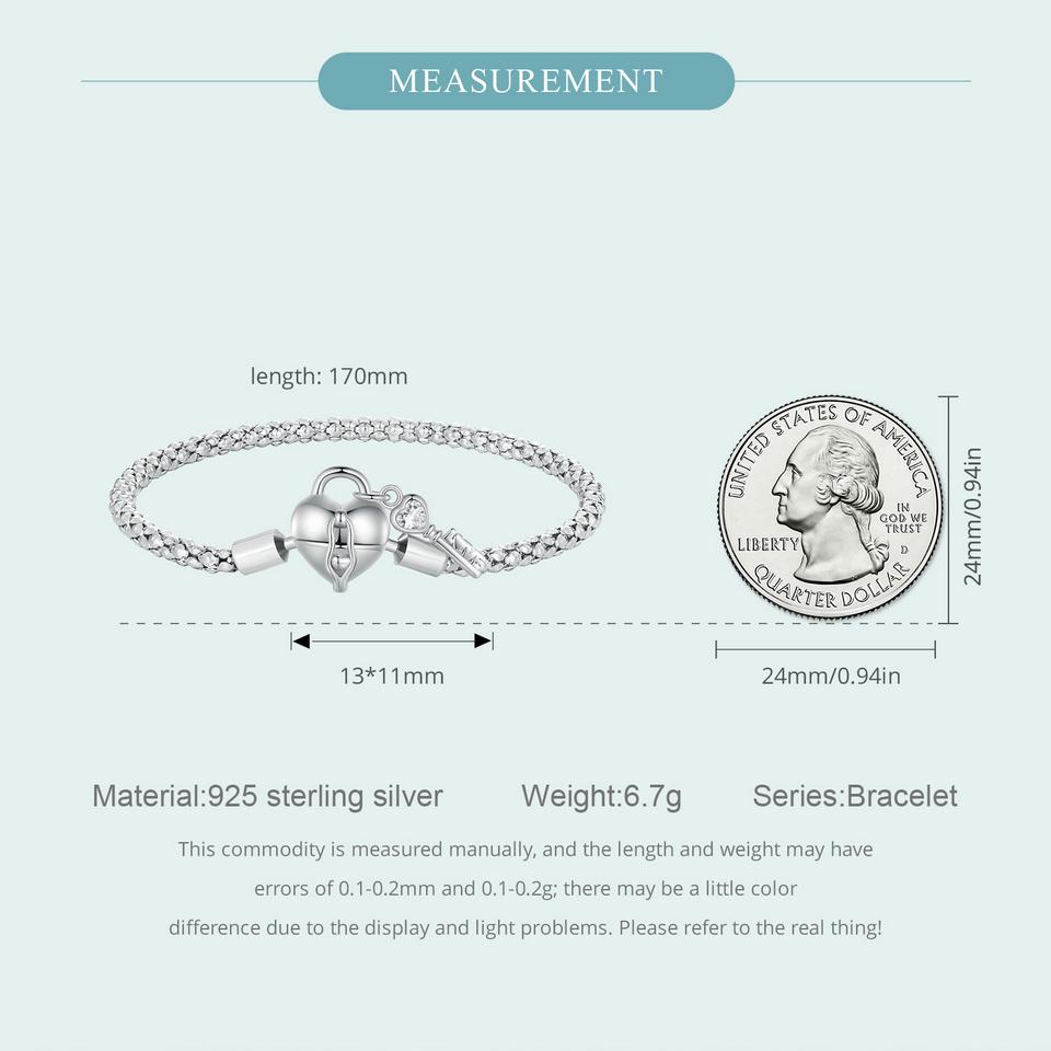 WOSTU Solid 925 Silver Heart Lock Key Basic Chain Bangle Bracelet For DIY Charm Beads Snake Chain Links Jewelry Gift
