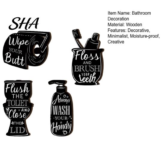 Nordic Style Bathroom Wall Art 4Pcs Black White Decor, Wooden Art, Hand Sanitizer Toilet Toothbrush Lightweight Solid Wood Decor Cup Paper Signs,