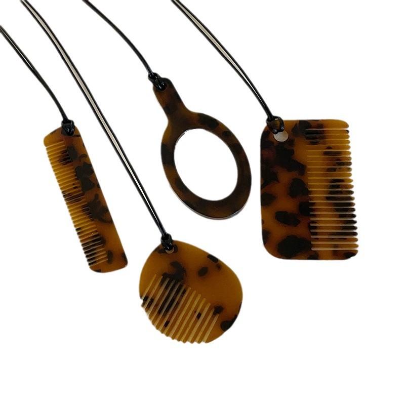 Leopard Print Resin Comb Mirror Pendant Black Rope Necklace Female Niche Retro Personality Fashion Versatile Neck Chain Sweater Chain