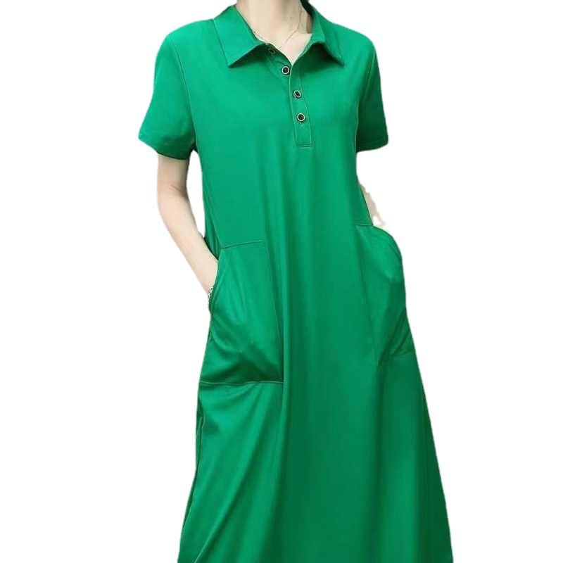 Women's Summer Knee Over Hip Long Solid Color T-shirt Skirt Casual Polo Dress