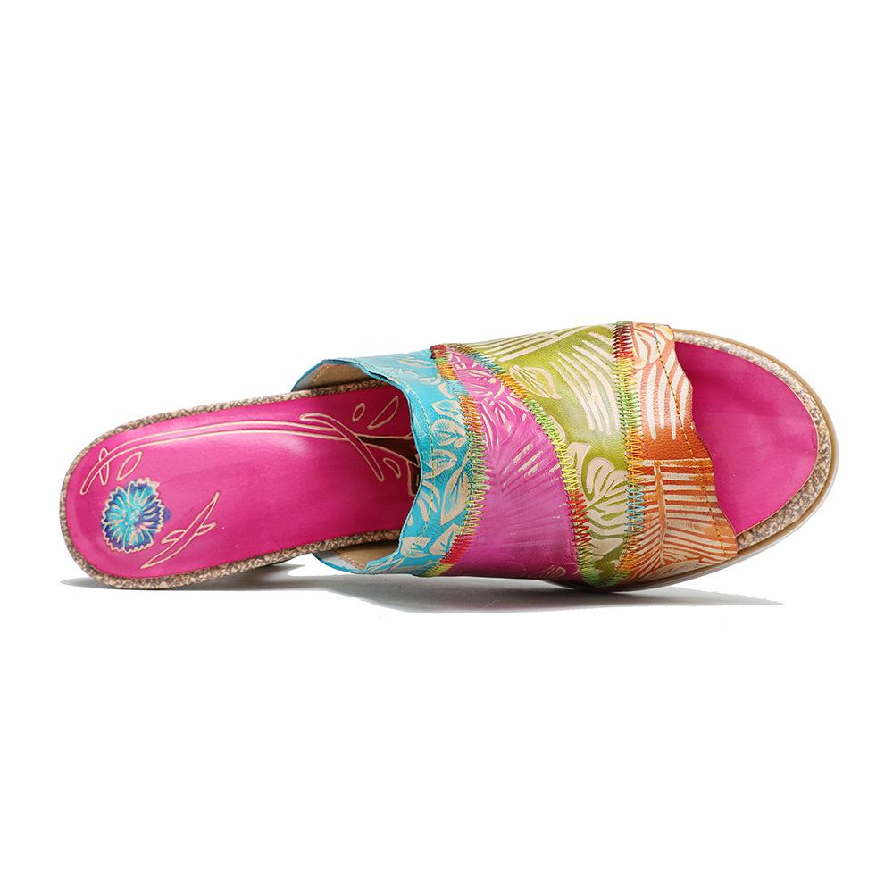 Johnature Наружные тапочки из натуральной кожи. Удобные шлепанцы в тон ретро с ручной росписью на высоком каблуке.