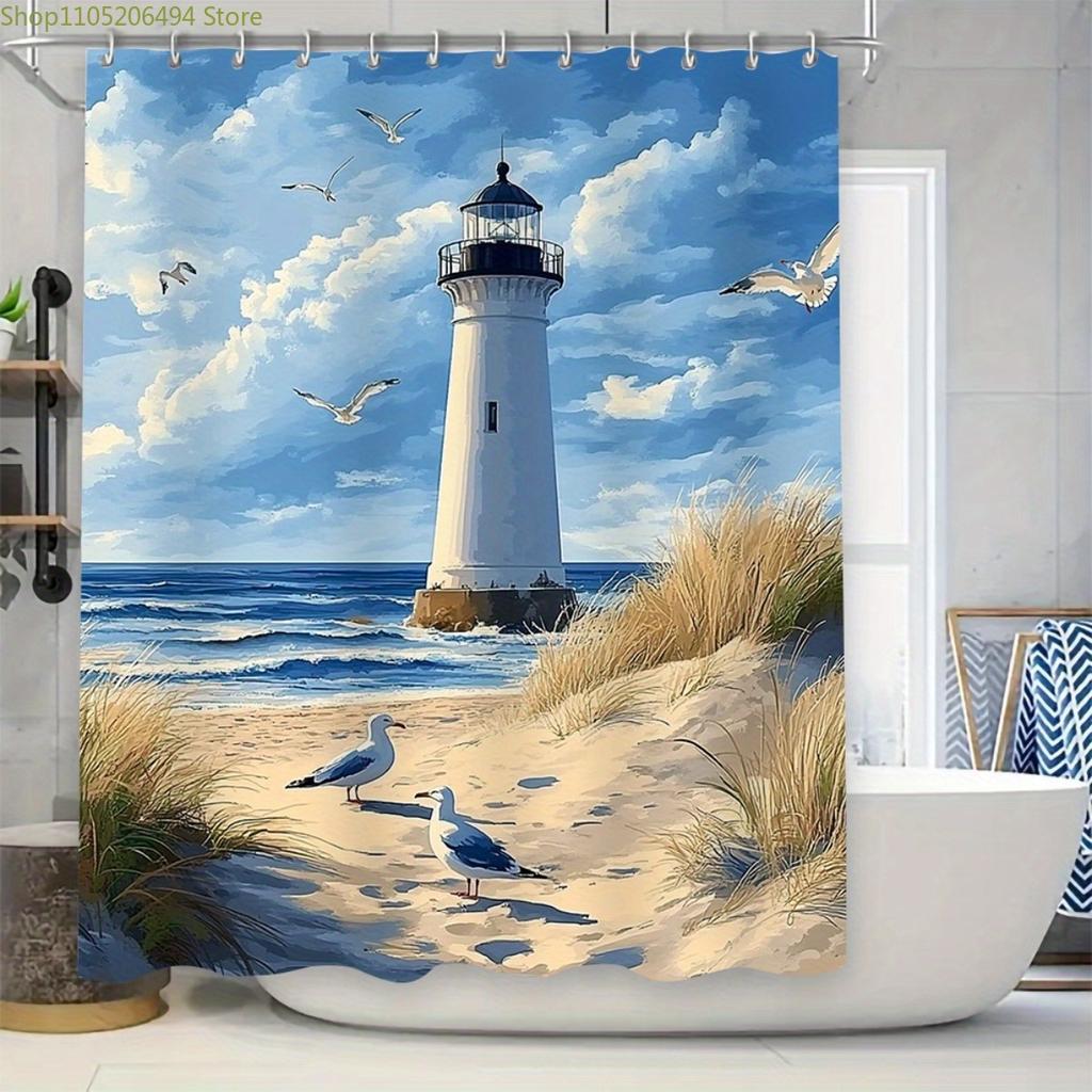 Набор штор для душа с прибрежным маяком из 1/3/4 предметов с нескользящим ковриком для ванной и крышкой для унитаза - Плоский 2D-дизайн, Машинная стирка, Полиэстер,