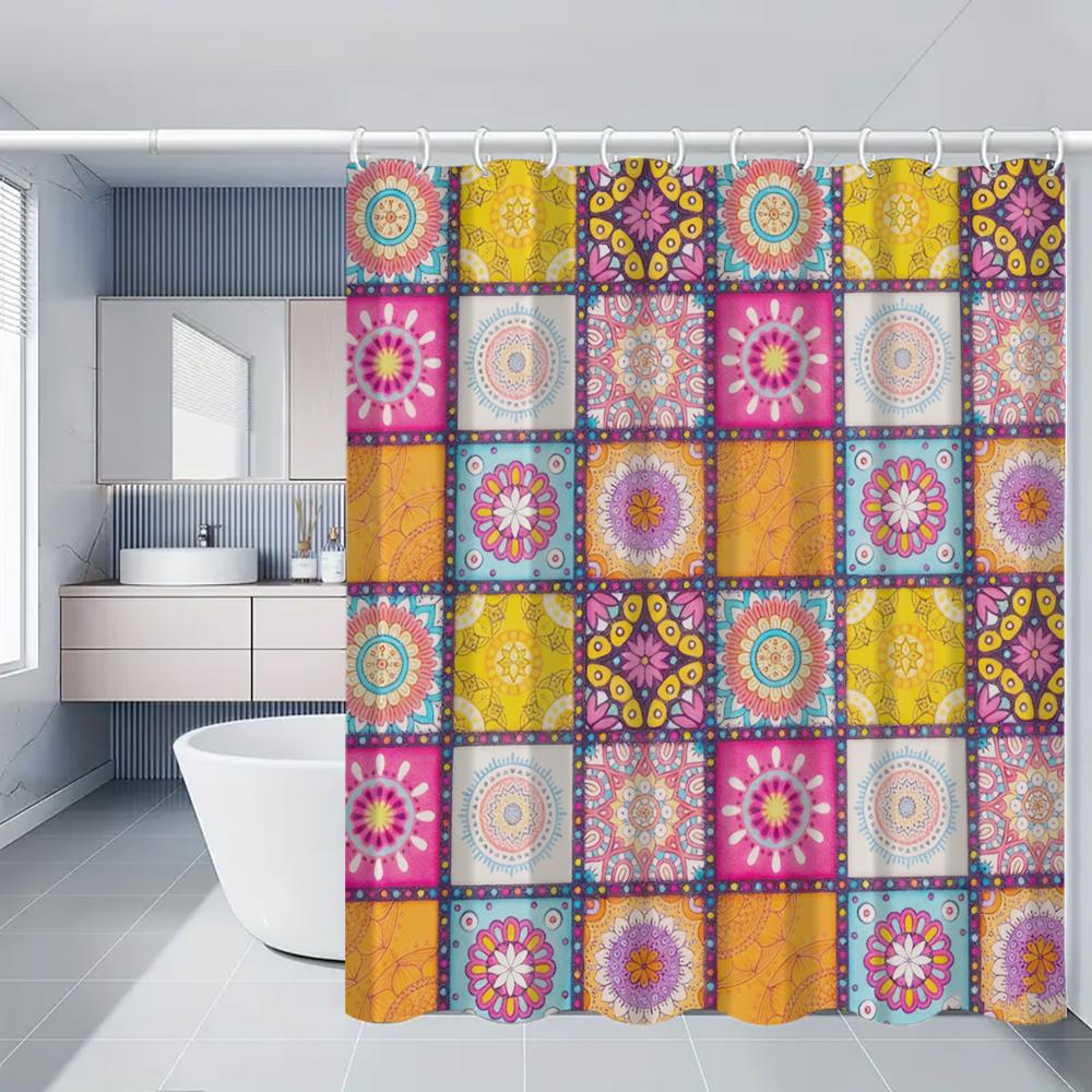 Geometric Pattern Shower Curtain Set With Toilet Seat Cover And Rug 70.8x70.8 Inch