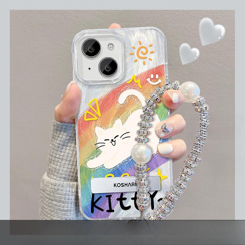 Подходит для чехла для мобильного телефона Apple 15 Летний Iphone14 Радужный кот Подставка Цепочка 13 Перо Пряжа IDM Милый 7/8
