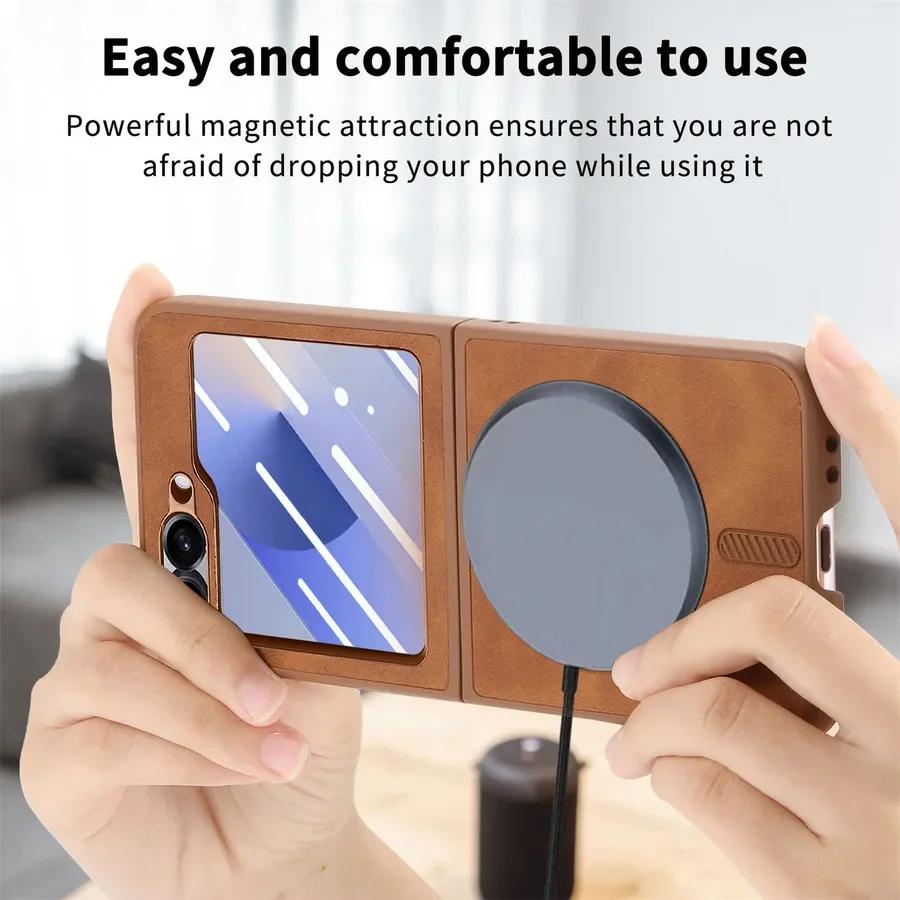 Чехол Magsafe для Samsung Galaxy Z Flip 6 5 4 Матовый кожаный чехол для телефона Samsung Z Flip4 Flip5 Flip6 Защитные чехлы с защитой экрана