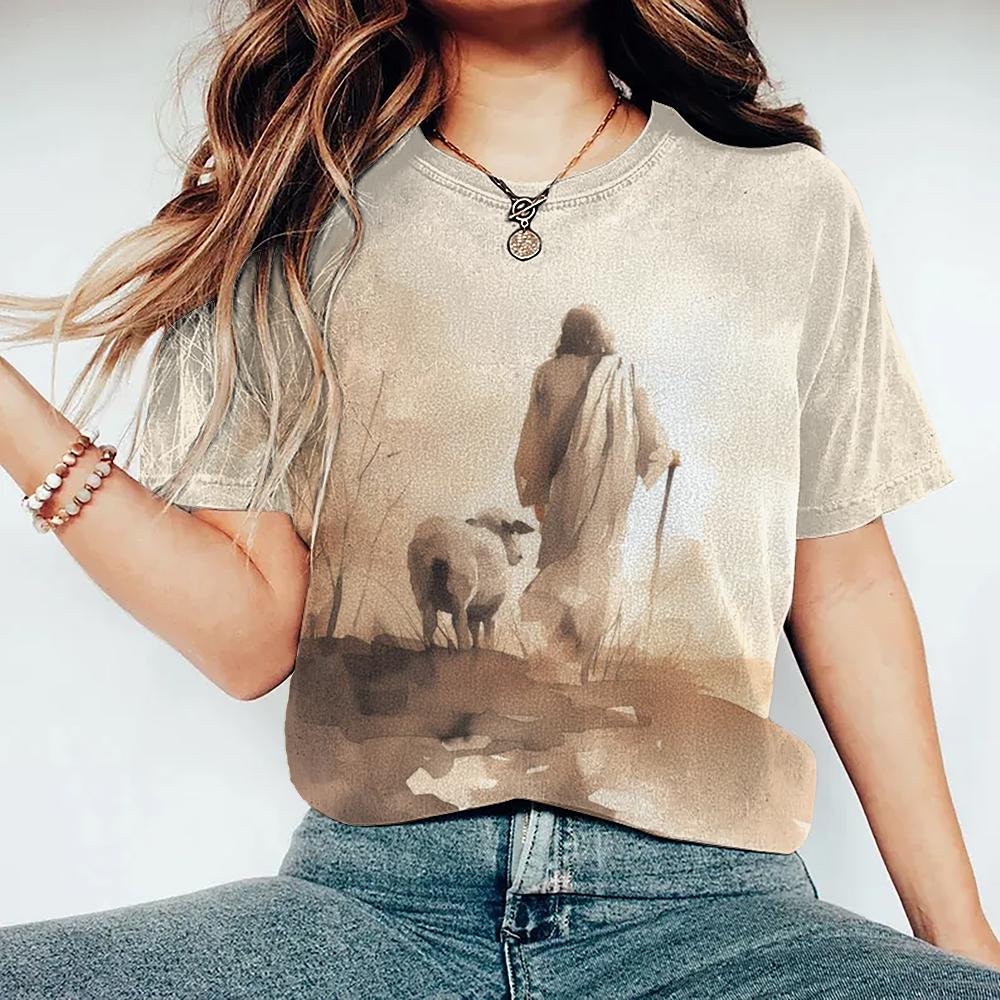 Women's retro T-shirt, cross printed T-shirt, Jesus retro T-shirt, round neck casual short sleeved, loose summer T-shirt