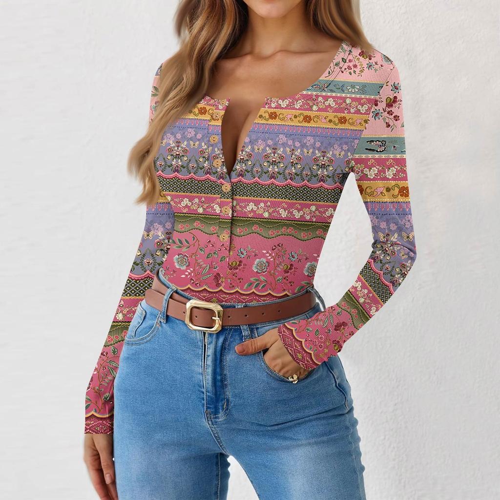 Women's Slim Bottom T-shirt Fashion Casual Gradient Printing Round Neck Pullover Long Sleeve Top