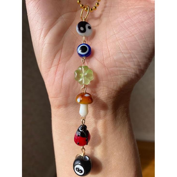 Evil Eye Car Hanging Ornament,Good Lucky Days Car Charm,8 Ball Mushroom Four-Leaf Clover Pendant for Car Rear View Mirror,Cute Boho Evil Eye Ladybug