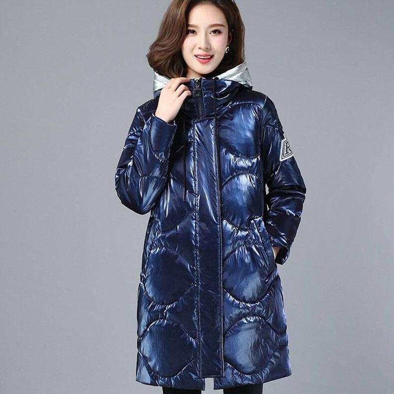 Женское зимнее корейское свободное стеганое пальто, теплая куртка-парка с воротником-стойкой, женская глянцевая куртка средней длины