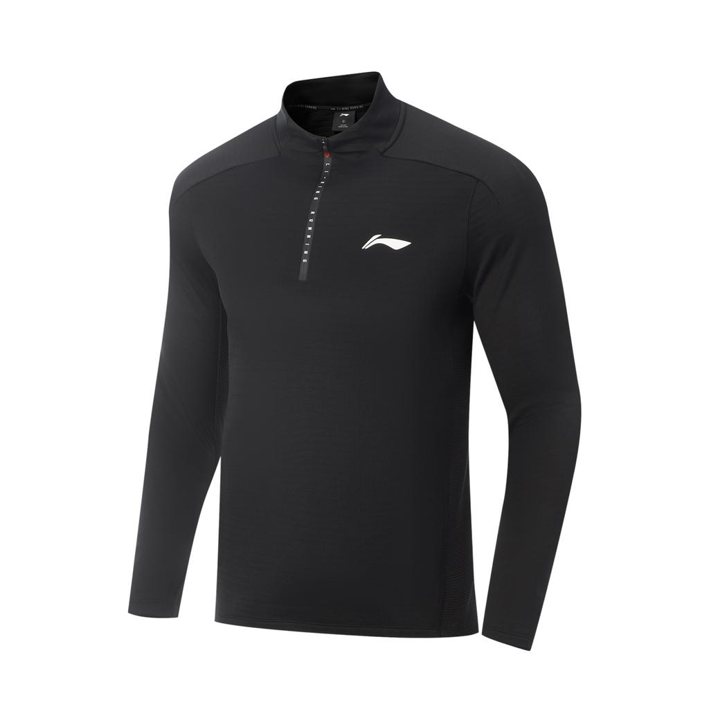 Li Ning Беговая серия Модная универсальная антибактериальная футболка с логотипом и воротником-стойкой, черная, мужские топы ATLV221-1