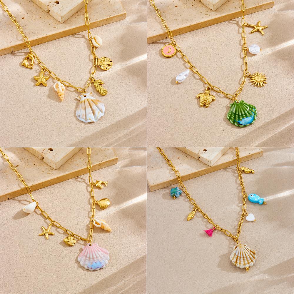 DIEYURO 316L Stainless Colored Sea Shell Conch Sea Stars Pearl Pendant Necklace Lady New Fashion Neck Chain Jewelry Party Gift