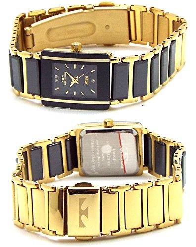 TECHNOS Женские часы элегантные керамические черный циферблат золото комбинированный браслет в форме сердца набор TSL906GB-SET