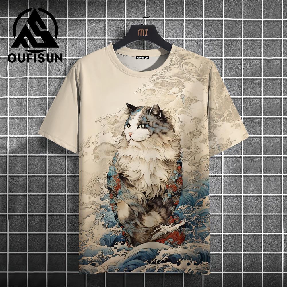 Men's T-shirt Japanese Style Ukiyo-e Cat Pattern Printed T-shirt