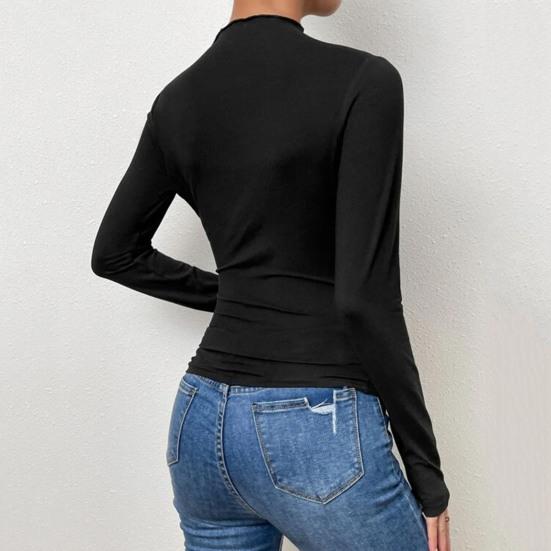 Women Solid Color Bottom Shirt Half High Collar Long Sleeve Bottoming Top Solid Color Slim Fit Pleated Pullover Tops