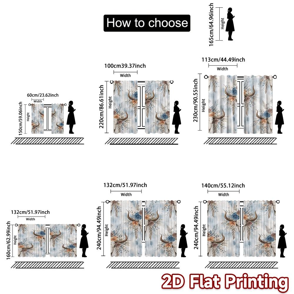 2D FLAT PRINTING 2pcs Curtains (Without Rod) Floral Bull Skull Design(1) Chic Fashionable Curtains Durable Polyester Curtains