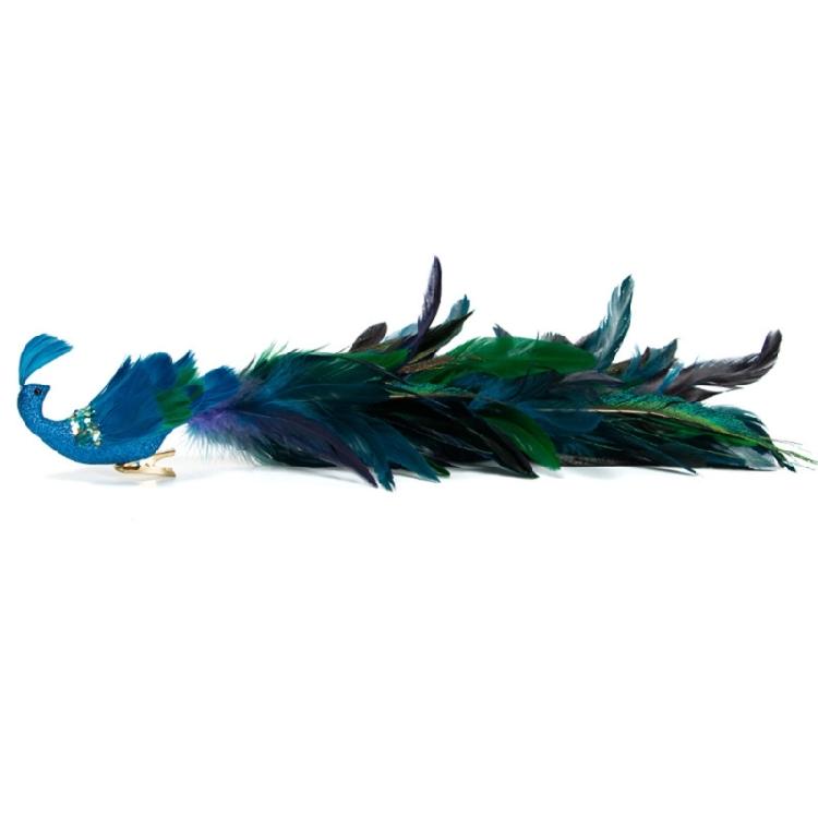 2Pcs Artificial Natural Feathered Peacocks with Long Tail Designs Christmas Tree Clip on Ornaments for Home Party Decor