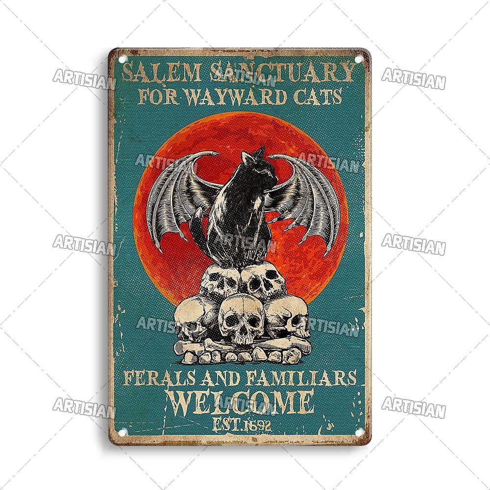 Mfoever  Художественный Забавный Питомец Ретро Металлическая Вывеска Salem Sanctuary Кот Винтажная Декоративная Жестяная Табличка Бар Паб Клуб Дом Мужская Берлога Настенный Декор