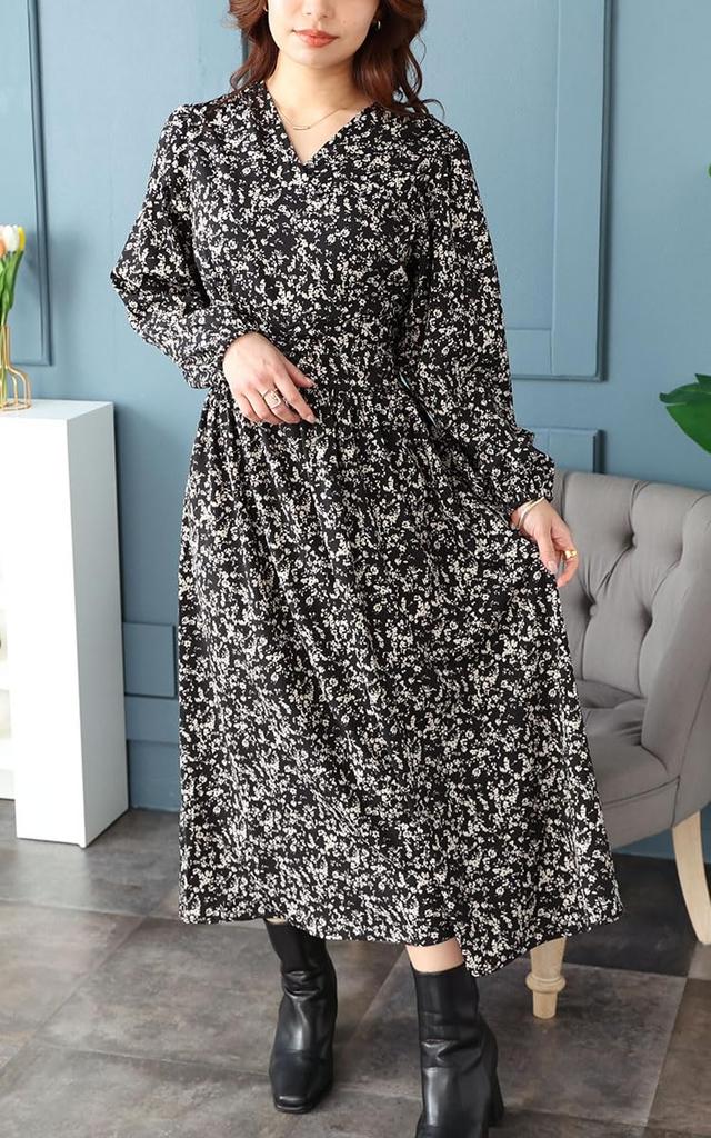 Gold Japan Plus Size Long Floral Small Floral Size Black fem-450 Women's Dress, Sleeve, Cache-Coeur Print, Print, Flared, Stretchy, Winter, Spring,
