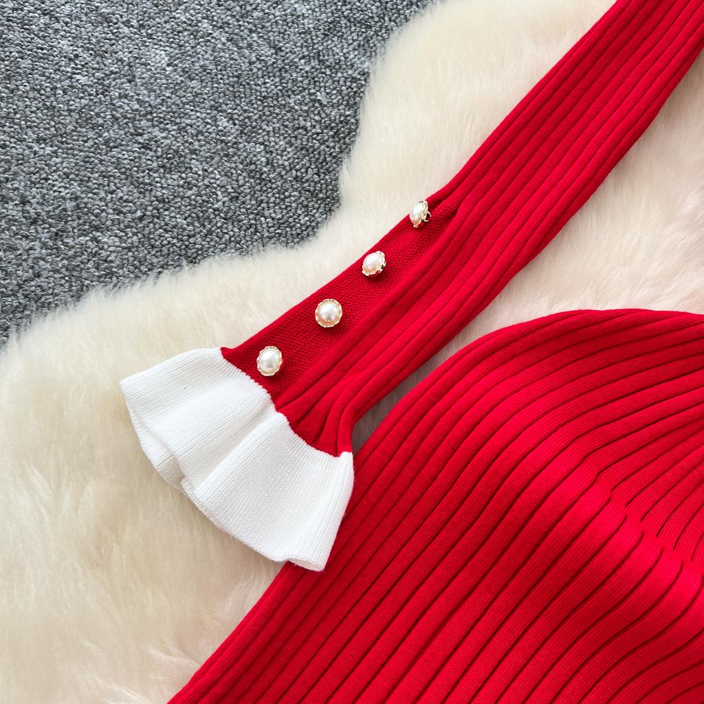 Винтажный воротник Питер Пэн Элегантный длинный рукав Лоскутная вязаный свитер с оборками Платья Тонкие вечерние женские осенне-зимние платья