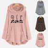 Womens Fleece Cat Embroidery Plus Size Warm Hoodie Top Button Sweater Blouse