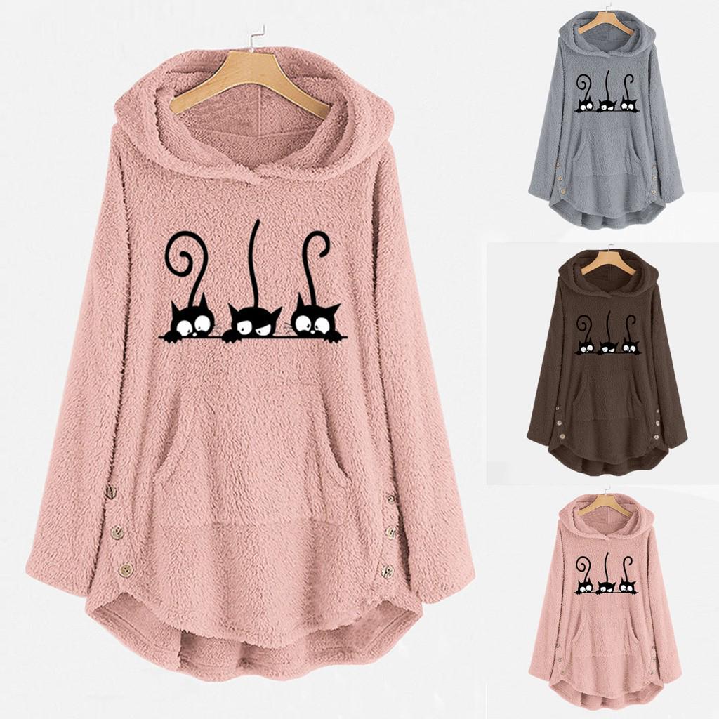 Womens Fleece Cat Embroidery Plus Size Warm Hoodie Top Button Sweater Blouse