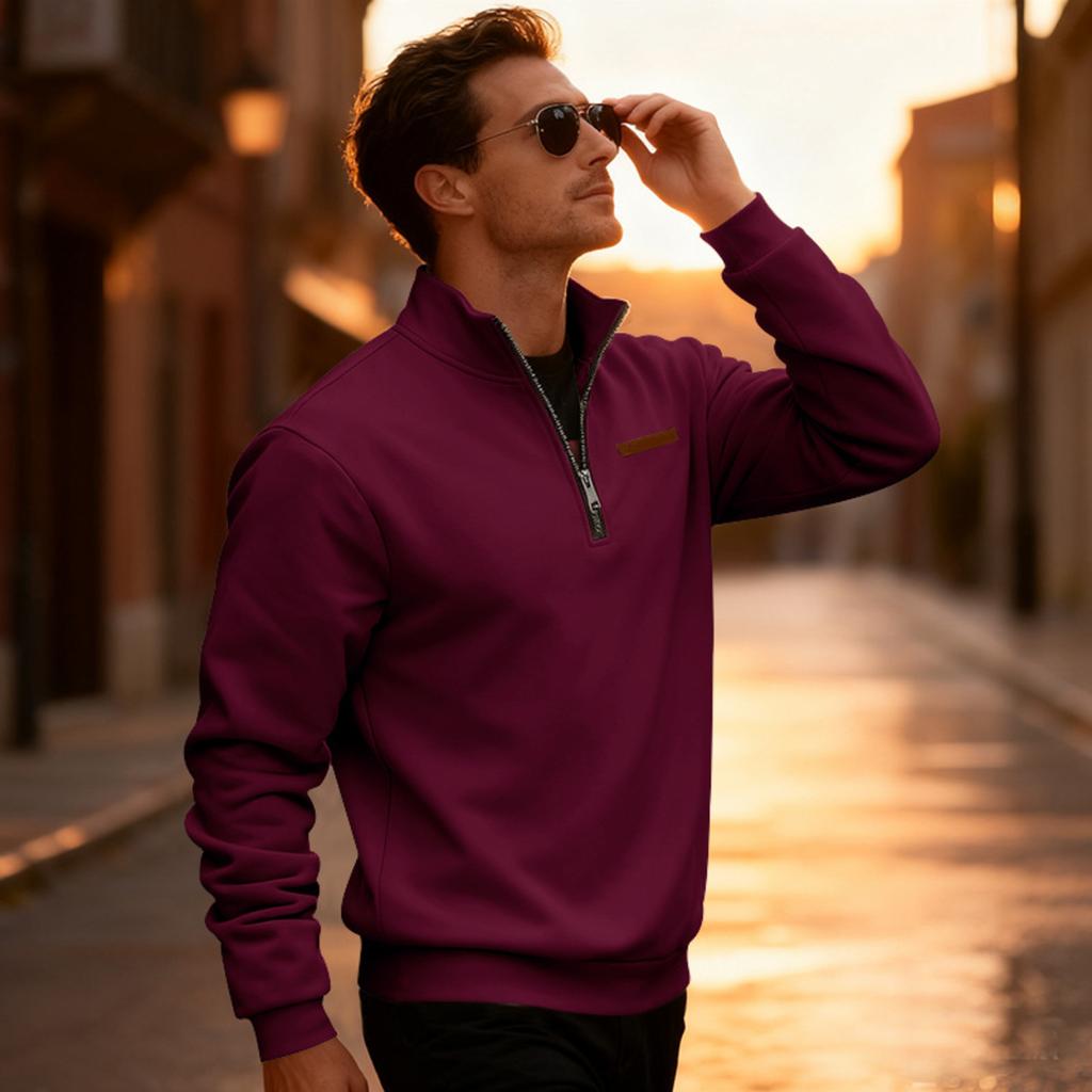 Men's Casual Loose Solid Color Outdoor Fleece Half Zip Stand Up Collar Pullover Hoodie
