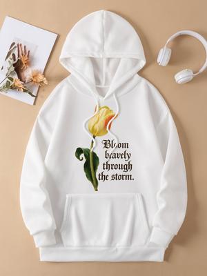 Смело расцветай сквозь бурю Цветочный принт Женские худи с карманом Осенний худи Флис Повседневная толстовка Y2K На все случаи жизни Мягкая одежда