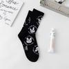 Women's Mid-Tube Cotton Socks - Black & White Japanese Embroidered Design for Autumn/Winter
