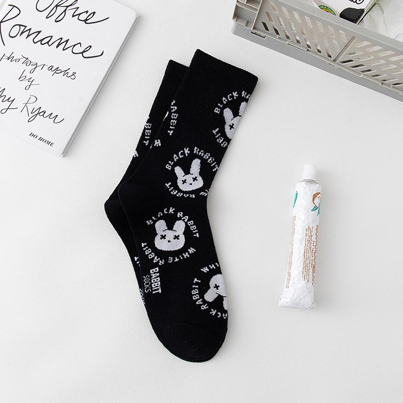 Women's Mid-Tube Cotton Socks - Black & White Japanese Embroidered Design for Autumn/Winter