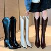 Pu Leather Long Boots Women Fashion V-Port Pointed Toe Knee High Boots Ladies Sexy Chunky High Heel Shoes Botas