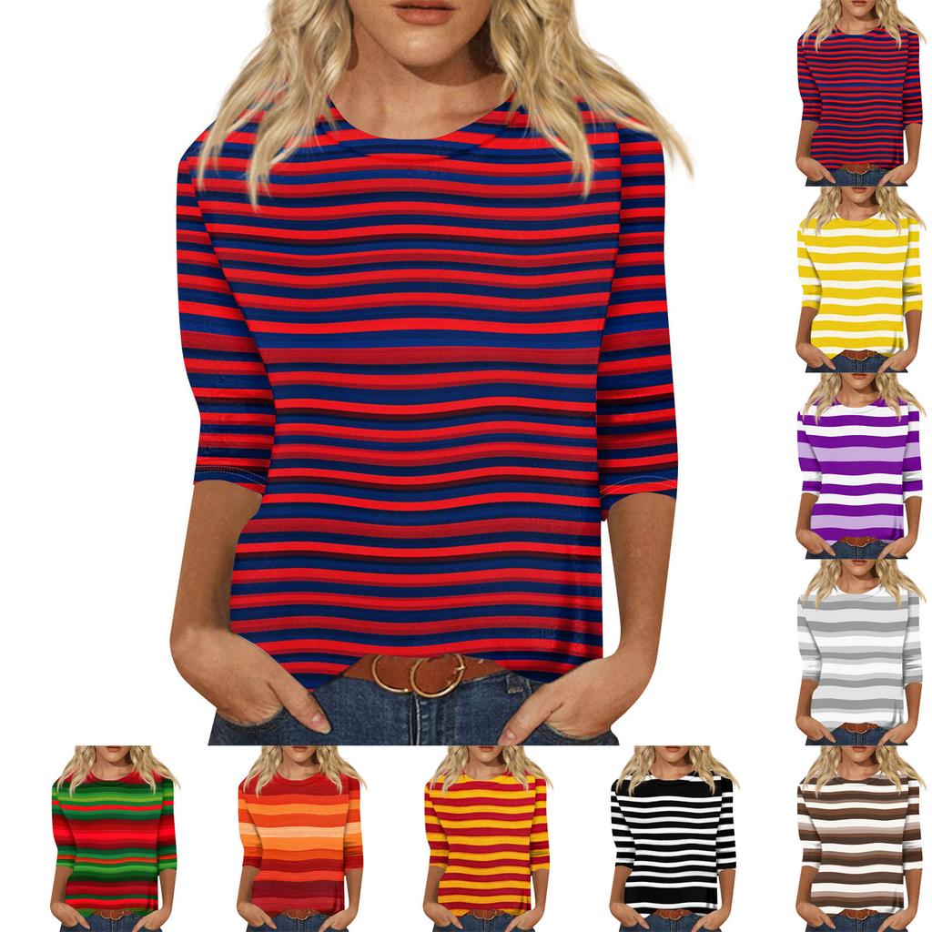 Женская модная повседневная футболка с круглым вырезом, рукавом три четверти, в полоску с принтом