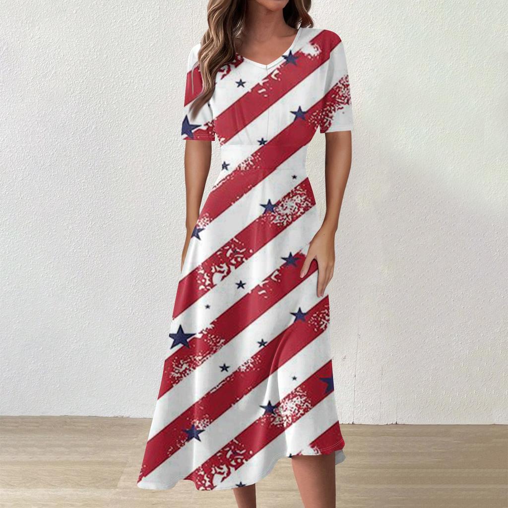 Ladies Casual Fashion Print V-Neck Short Sleeve Waist Long Swing Dress