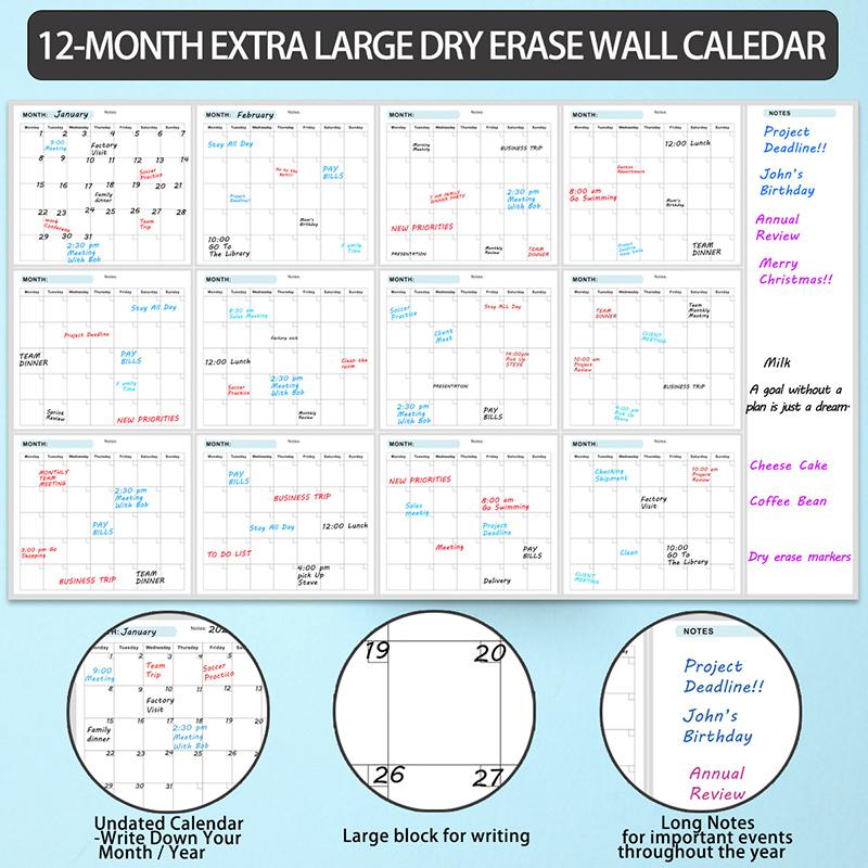 Очень большой недатированный стираемый стираемый планер на год 35X58 дюймов для дома, школы и офиса