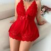 Womens Sheer Lace Trimmed Deep V-Neck Slip Dress With Bow Detail Plus Size Sleepwear