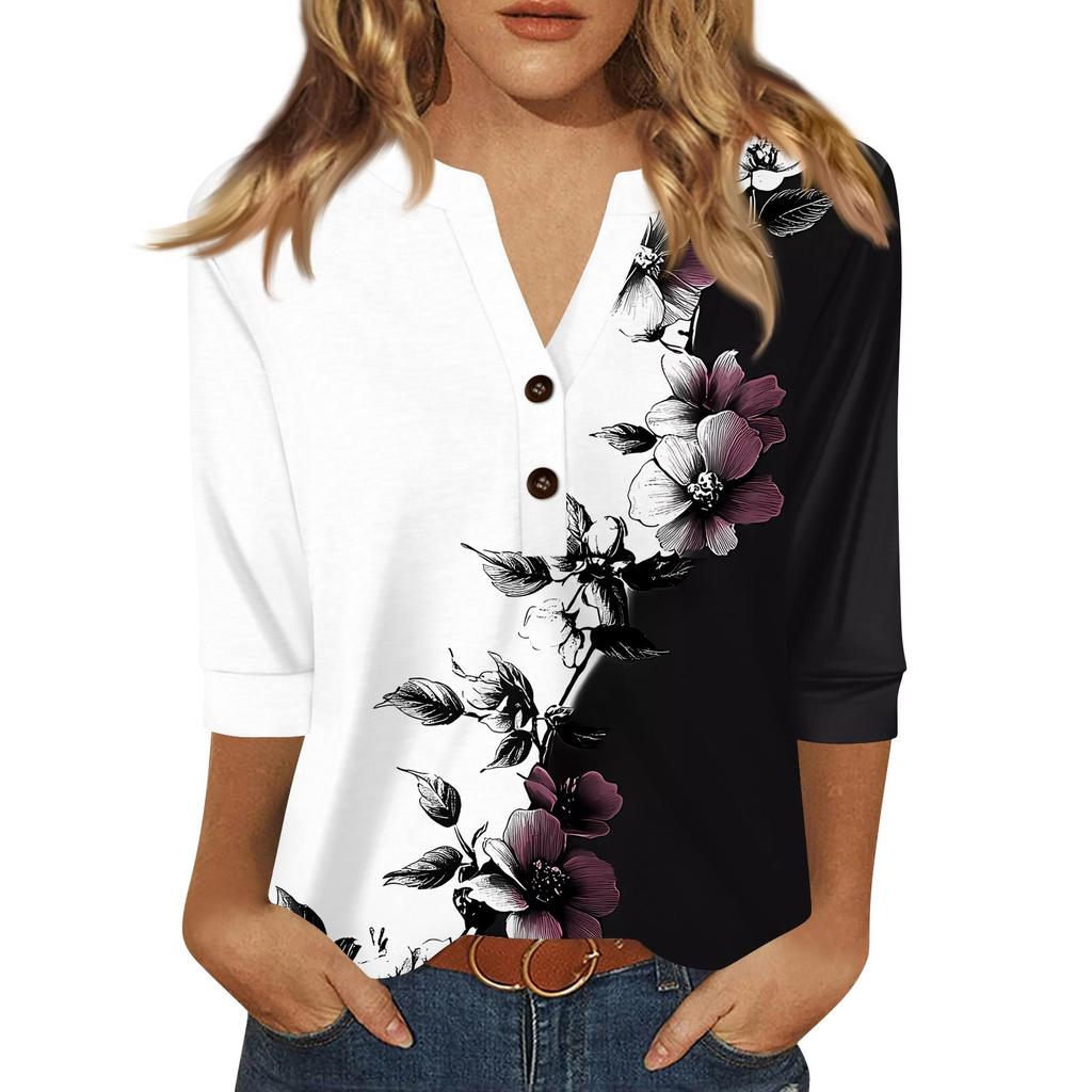Жен. Футболка С принтом Пуговицы Рукав 3/4 Повседневные Выходные Мода Классический Классический V-образный вырез Обычный Верх