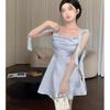 Ribbon Satin Swinging Neck Suspender Dress Women's Summer Small Man Wind Waist a Word Fluffy Tube Top Skirt