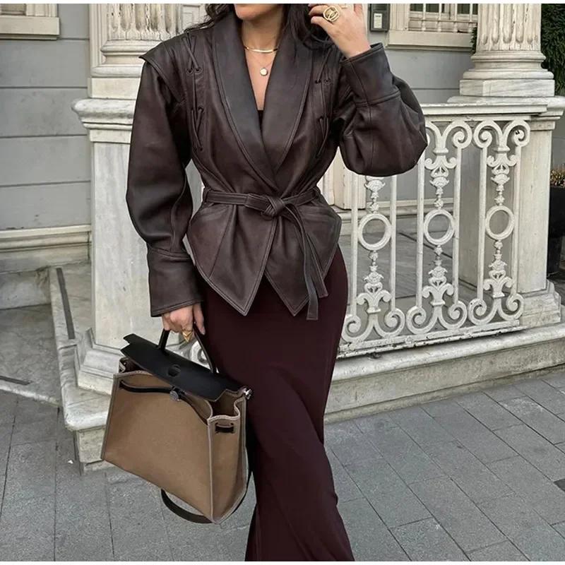 Fashion Solid Pu Leather Women Motorcycle Jacket Chic Lapel Long Sleeve Slim Short Coat With Belt Autumn Lady High Street Tops